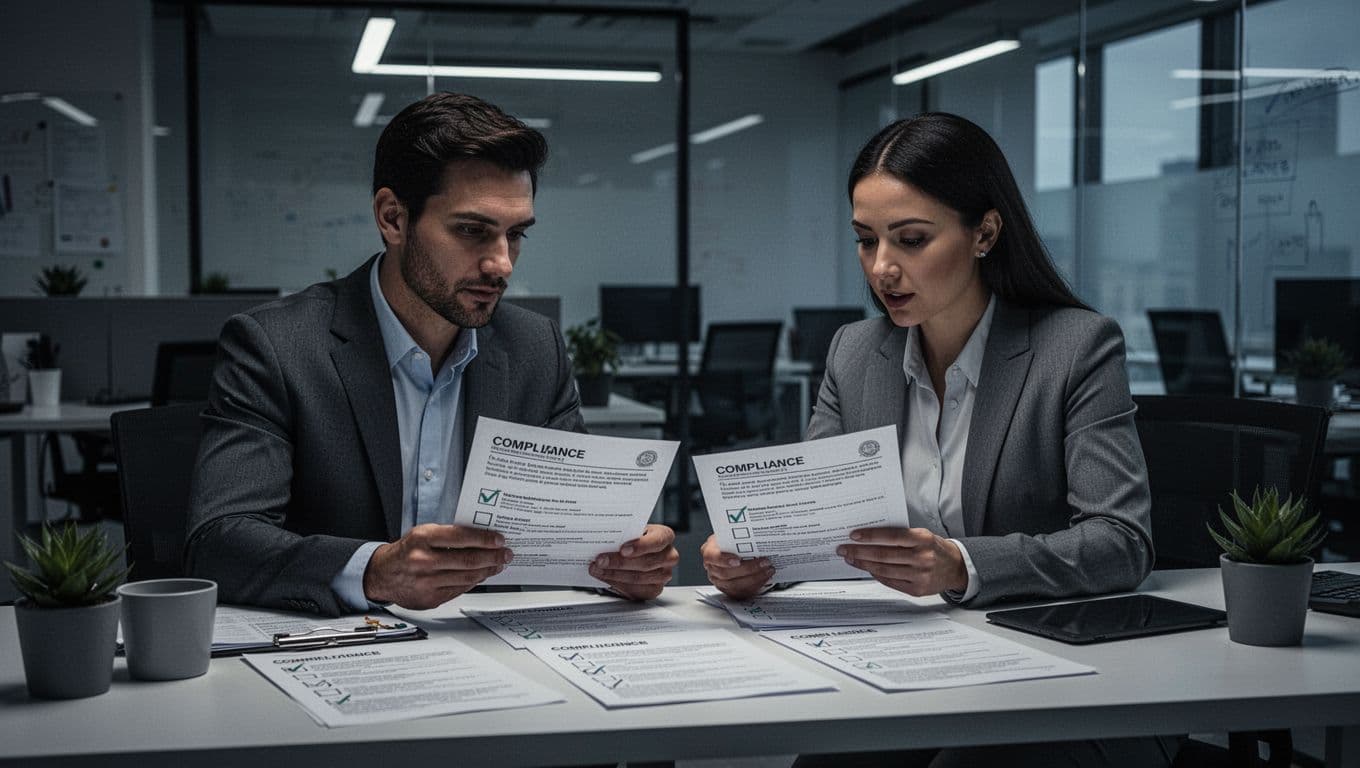 Business owner and employee in a modern office collaboratively review compliance documents, licenses, and checklists on a desk.