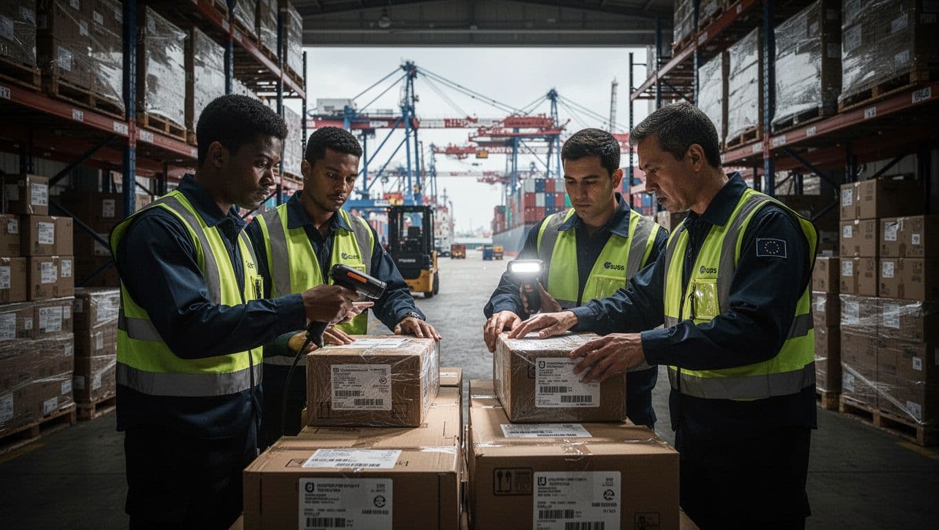 Two customs inspectors in a busy port warehouse check imported consumer goods boxes for safety compliance, one scanning a package and the other inspecting labels amid industrial cranes in the background.