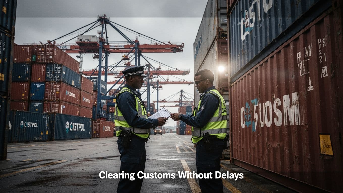 A customs officer inspects a cargo container at a busy port, with stacks of containers and cranes in the background under an overcast sky, rendered in cinematic style with strong contrast and dramatic side lighting.