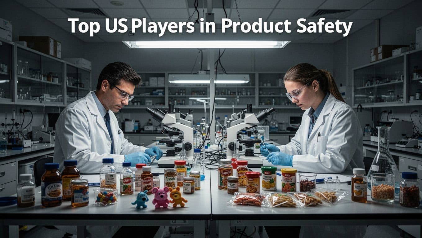 Two technicians in a modern government lab test consumer products like toys and food samples for safety hazards using equipment on workbenches, captured in a cinematic wide shot with dramatic lighting.