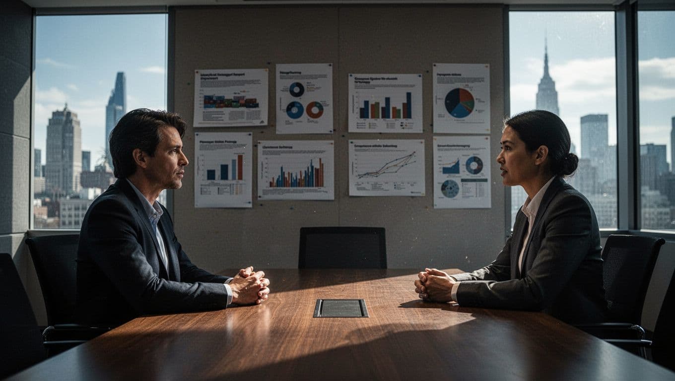 Two professionals in a conference room discuss long-term import strategies with charts on the wall and a city view window, captured in cinematic style with dramatic lighting and strong contrast.
