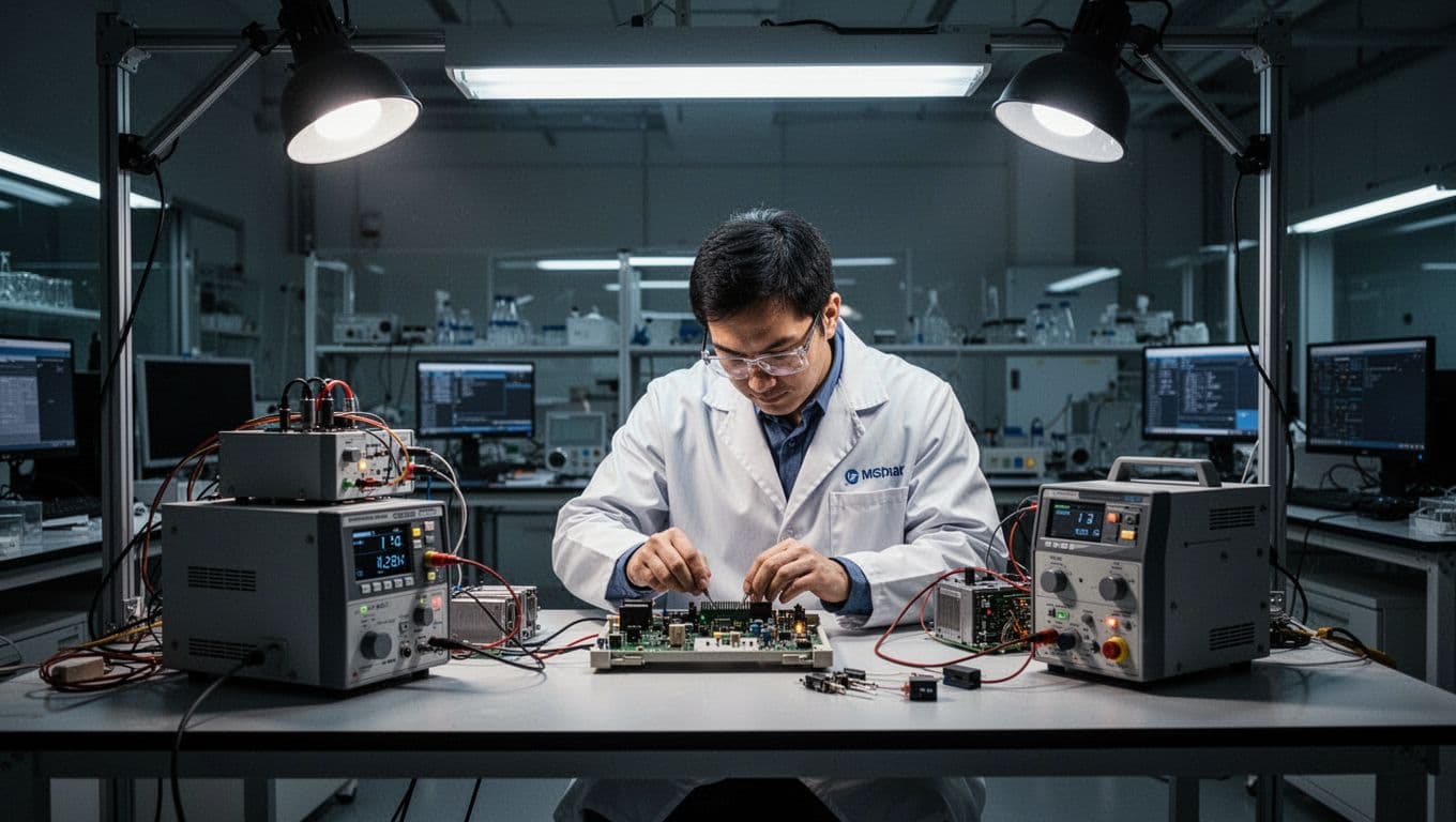 A technician in a modern lab workbench tests an electronic device for safety hazards amid lab equipment, captured in cinematic style with dramatic overhead lighting, strong contrast, and depth.