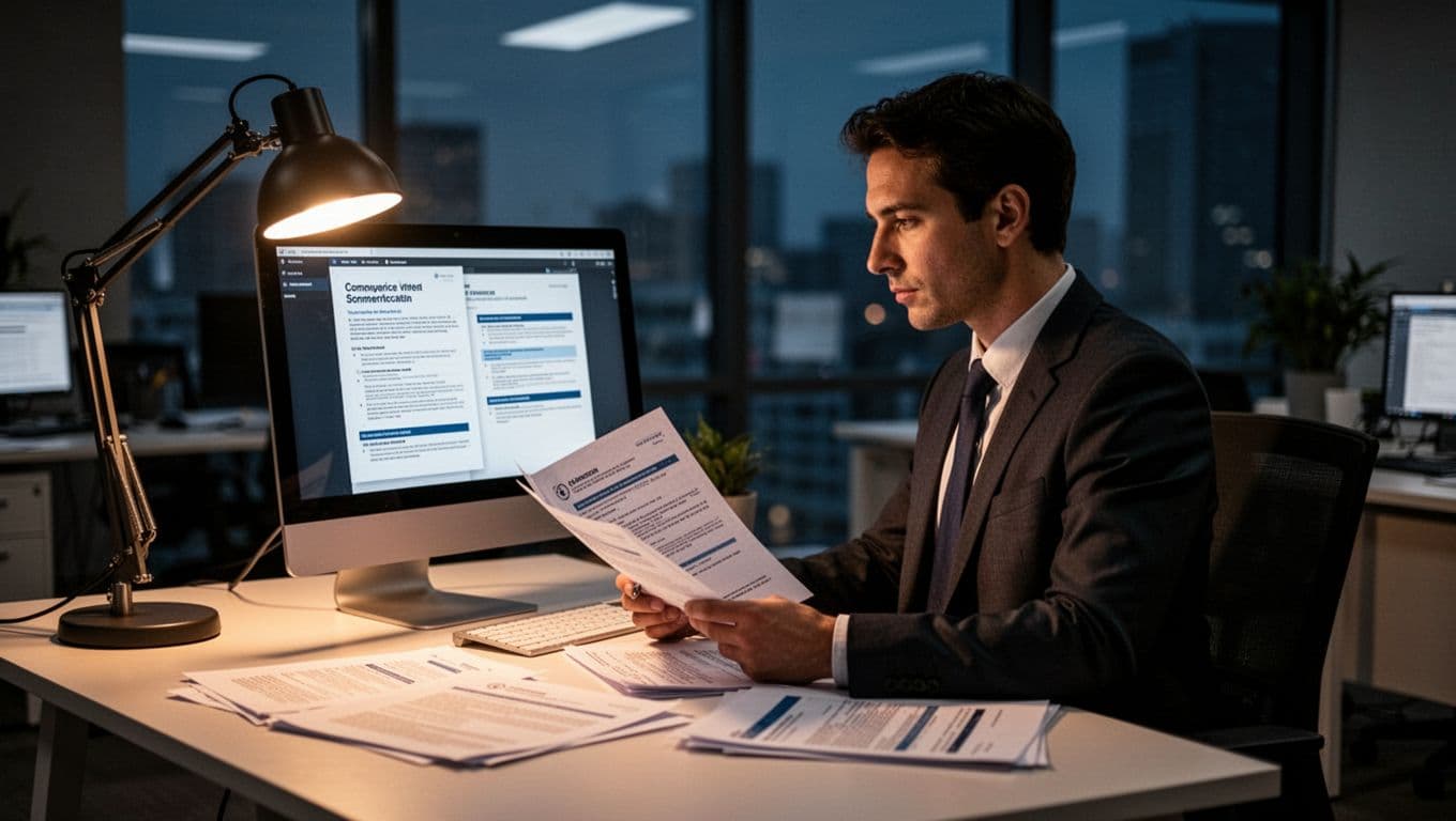 A business professional sits at a modern office desk reviewing compliance documents on a blurred computer screen and paper files, illuminated by warm desk lamp lighting in a cinematic style with dramatic contrast and depth.