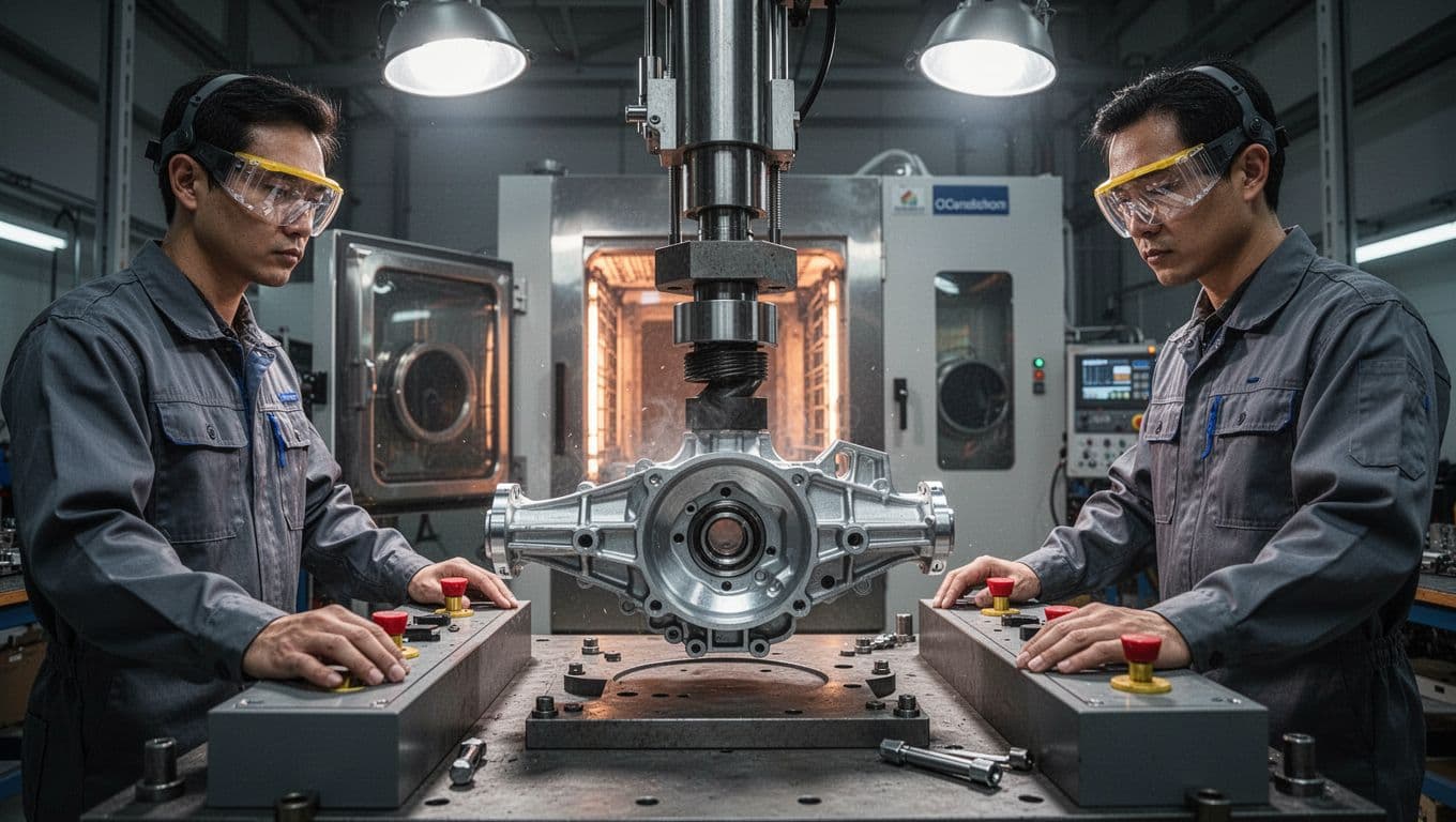 In a modern manufacturing lab, two engineers in safety gear test a prototype car part under stress using a hydraulic machine, with a temperature chamber in the background. Close-up on the part being compressed in cinematic style with dramatic overhead lighting and high contrast.