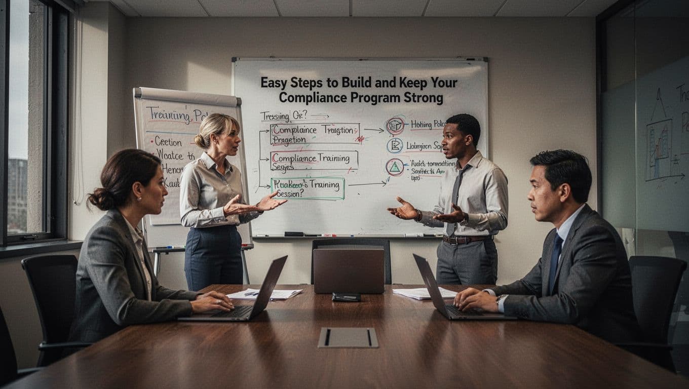 A team of three people in a conference room conducts a compliance training session using a flipchart and closed laptops.