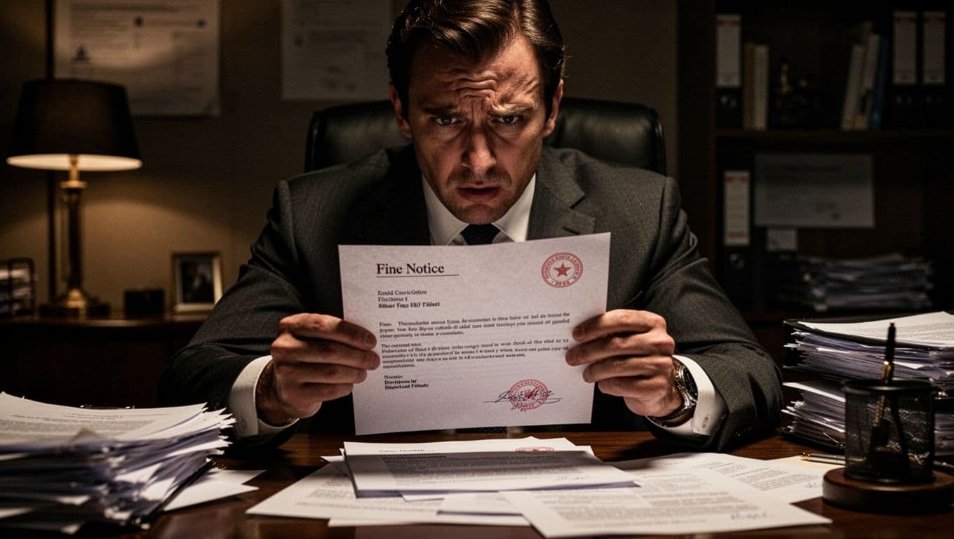 Stressed business executive in dimly lit office holding fine notice letter with red stamp.