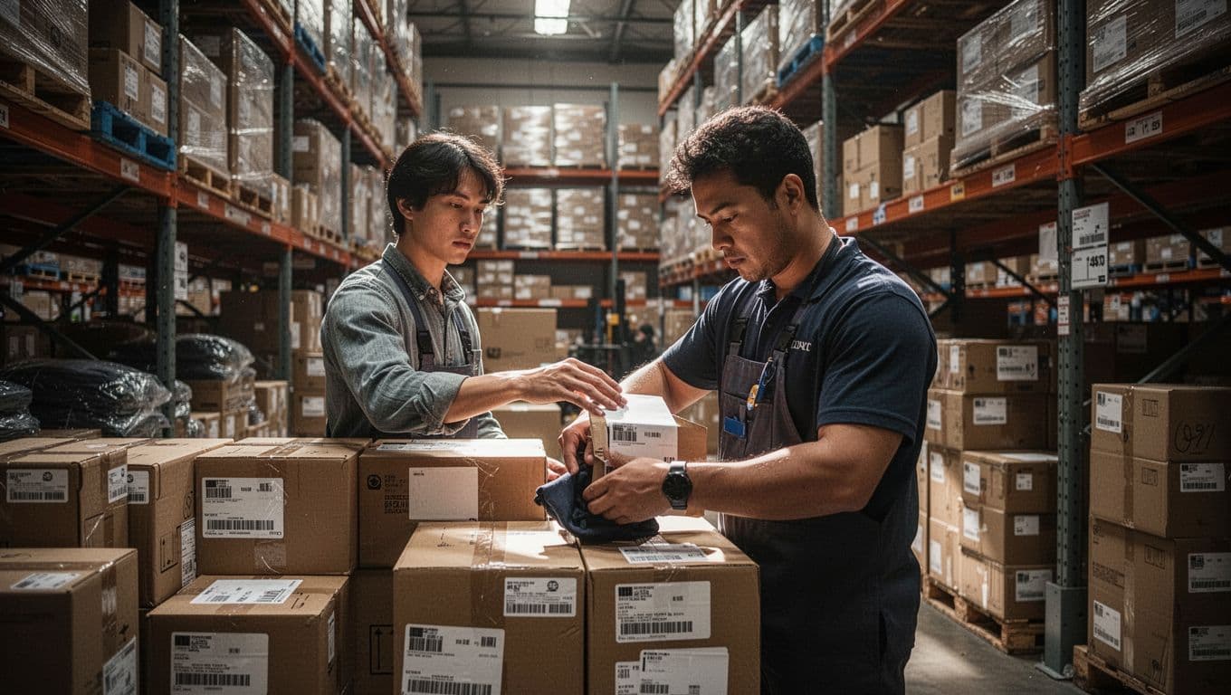 A lone warehouse worker applies labels to stacked clothing boxes before shipment, with organized shelves in the background under natural lighting and cinematic dramatic contrast.